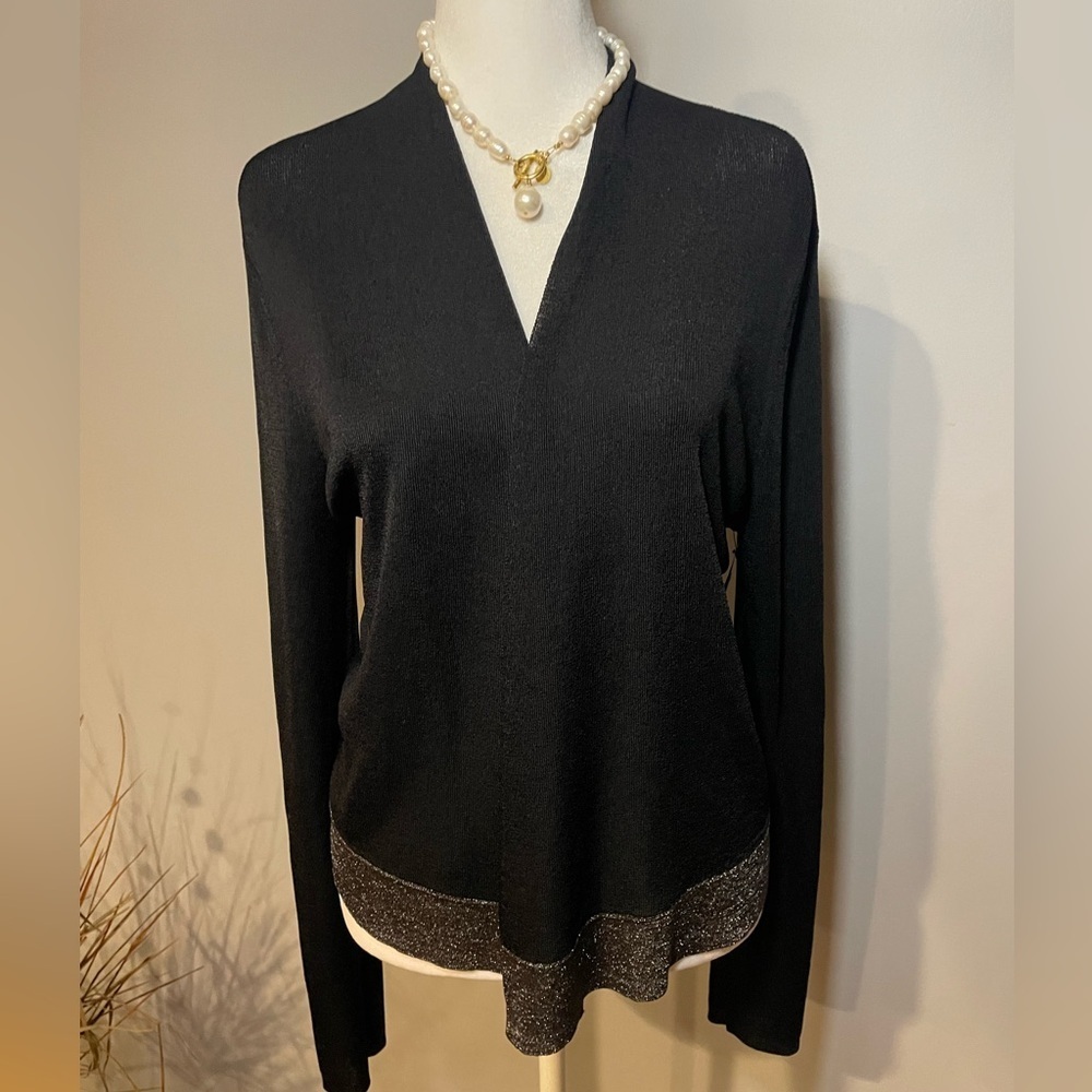 Eileen Fisher Black Metallic Trim Knit Top – Size M